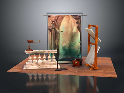 Modern Laptop Display With Decorative Models On Wooden Showcase Platform 3d model