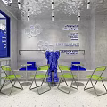 Modern Milk Tea Shop Interior With Green Chairs Blue Decorations White Walls And Counter