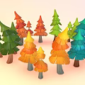 Colorful Trees with Vibrant Red Orange Yellow Green Blue Foliage in Cartoon 3D Model Style