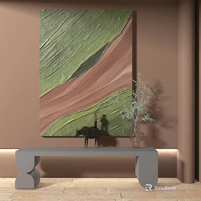 Textured Abstract Painting with Green Brown Wavy Patterns on Beige Wall and Console Table Decor 3d model 