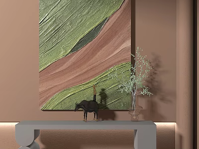 Textured Abstract Painting with Green Brown Wavy Patterns on Beige Wall and Console Table Decor 3d model