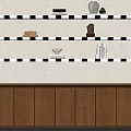 Brown Wooden TV Cabinet With Black And White Striped Shelves And Decorative Items On Top