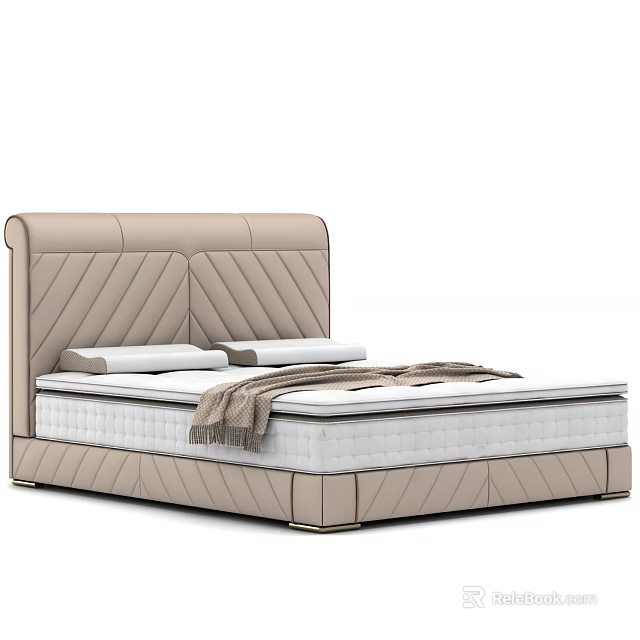 Modern Upholstered Double Bed With Diamond Stitched Headboard White Pillows And Beige Throw Blanket 3d model 