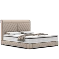 Modern Upholstered Double Bed With Diamond Stitched Headboard White Pillows And Beige Throw Blanket