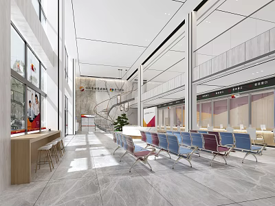 Modern Service Hall Interior With Spacious Waiting Area Spiral Staircase And Large Windows 3d model
