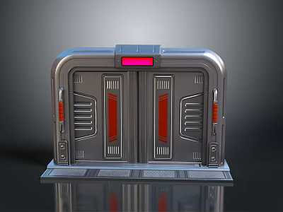 Futuristic Gate with Metallic Silver Frame Red Vertical Stripes Pink Top Panel and Mechanical Design 3d model