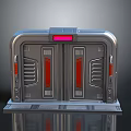 Futuristic Gate with Metallic Silver Frame Red Vertical Stripes Pink Top Panel and Mechanical Design