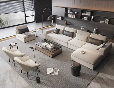 Modern Living Room Beige L Shaped Sofa And Coffee Table With Floor Lamp And Chairs 3d model