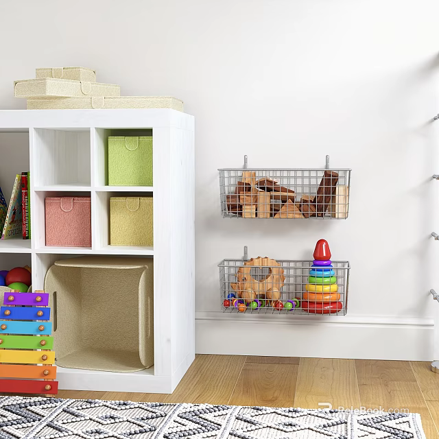 Colorful Storage Baskets Organize Kids Room Toys In White Cabinet And Wall Mounted Wire Holders 3d model 