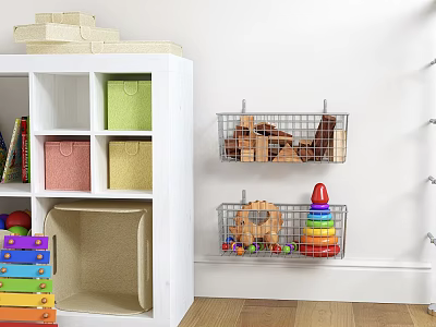 Colorful Storage Baskets Organize Kids Room Toys In White Cabinet And Wall Mounted Wire Holders 3d model