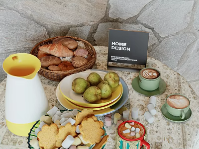 Homemade Home Bakery Food Including Bread Pears Cookies Marshmallows Latte And Sugar Cubes 3d model