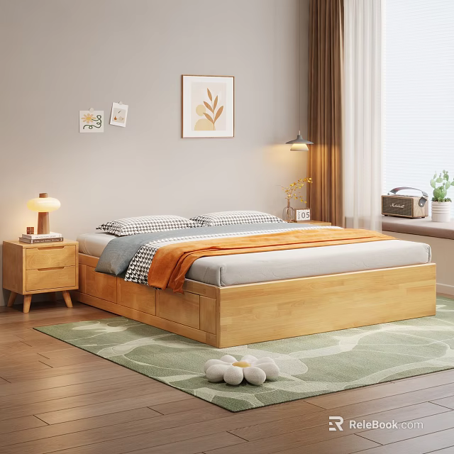 Cozy Natural Bedroom With Wooden Bed Nightstands Table Lamps Wall Art And Green Leaf Rug 3d model 