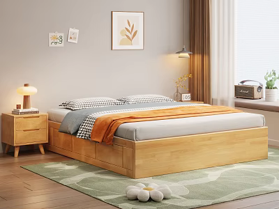 Cozy Natural Bedroom With Wooden Bed Nightstands Table Lamps Wall Art And Green Leaf Rug 3d model