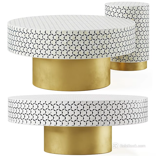 Elegant Modern Round Dining Table With White Honeycomb Pattern And Golden Base 3d model 