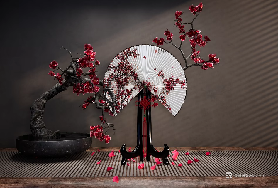 Traditional Decorative Ornament Set With Plum Blossom Fan Bonsai Tree And Scattered Petals 3d model 