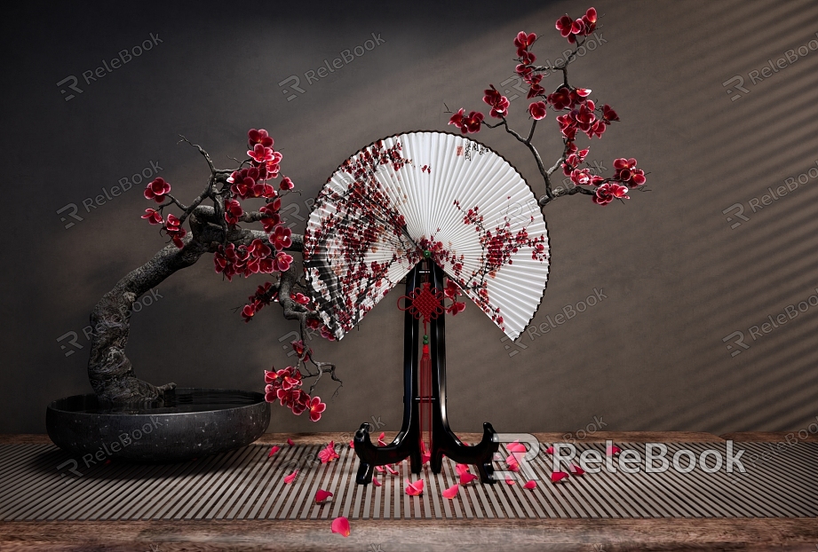 New Chinese Style Ornaments Combination New Chinese Style Folding Fan Ornaments Red Plum Blossom Potted Plant Ornaments Chinese Style Round Fan Ornaments Combination Chinese Style Table Display Ornaments Zen Style Plum Blossom Branches model