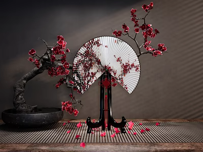 Traditional Decorative Ornament Set With Plum Blossom Fan Bonsai Tree And Scattered Petals 3d model