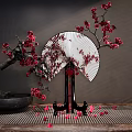 Traditional Decorative Ornament Set With Plum Blossom Fan Bonsai Tree And Scattered Petals