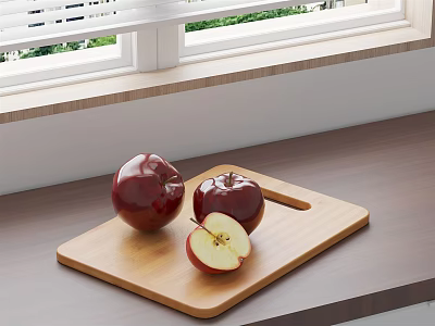 Fresh Red Apples On Wooden Cutting Board With Sliced Half Near Window And Green Plants 3d model