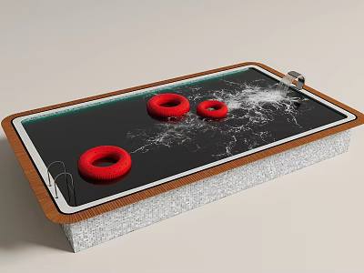Swimming Pool Featuring Red Floats Splashing Water Wooden Edge Stone Structure And Ladder 3d model