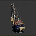 Vintage Wooden Boat With White Sail Blue Orange Hull Red Cargo And Yellow Details
