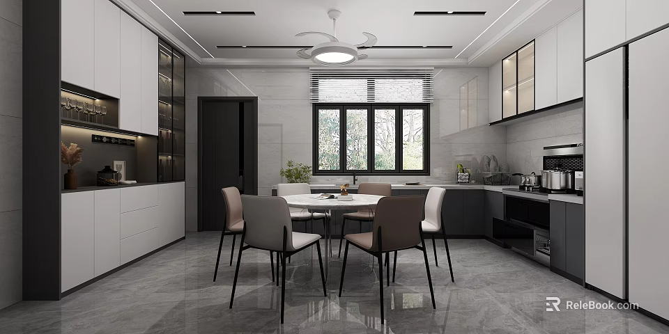Modern Open Kitchen Interior With Dining Table Chairs White Cabinets And Window 3d model 