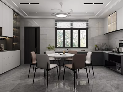 Modern Open Kitchen Interior With Dining Table Chairs White Cabinets And Window 3d model