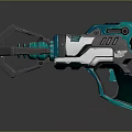 Futuristic Sci Fi Weapon With Teal And Silver Mechanical Design Barrel Grip And Tech Features