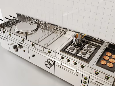 Stainless Steel Kitchen Appliances With Gas Stoves Pans And Grill For Modern Cooking 3d model