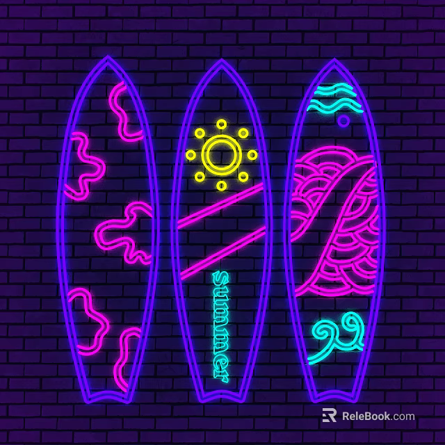 Neon Decorative Lights Featuring Surfboard Designs Sun Clouds Waves and Summer on Brick Wall 3d model 