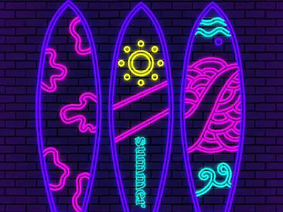 Neon Decorative Lights Featuring Surfboard Designs Sun Clouds Waves and Summer on Brick Wall 3d model
