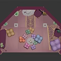 Cartoon Style Palace Interior With Arched Doorways Golden Accents Pink Purple Decor And Green Plants