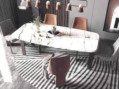 Modern Restaurant Interior With Marble Dining Table Striped Rug Chairs Pendant Lighting Decorative Plant 3d model