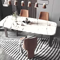 Modern Restaurant Interior With Marble Dining Table Striped Rug Chairs Pendant Lighting Decorative Plant