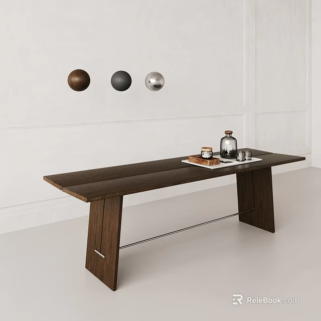 Modern Dark Brown Wooden Table With Decor Items And Three Wall Spherical Ornaments 3d model 