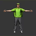 Man in Green T shirt Green Cap With Backpack Arms Outstretched on Gray Background