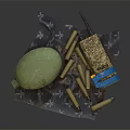 Weapon Elements Including Grenade Bullets Walkie Talkie And Ammunition Box On Patterned Cloth 3d model