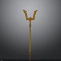 Yellow Weapon Polearm With Double Pronged Head And Blue Accent Long Handle