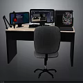 Modern Office Furniture Desk With Ergonomic Chair And Multiple Computer Monitors Microphone