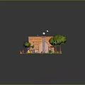 Cartoon Scene Featuring Thatched Roof House Pink Walls Green Trees Pathway Deer And Colorful Flags