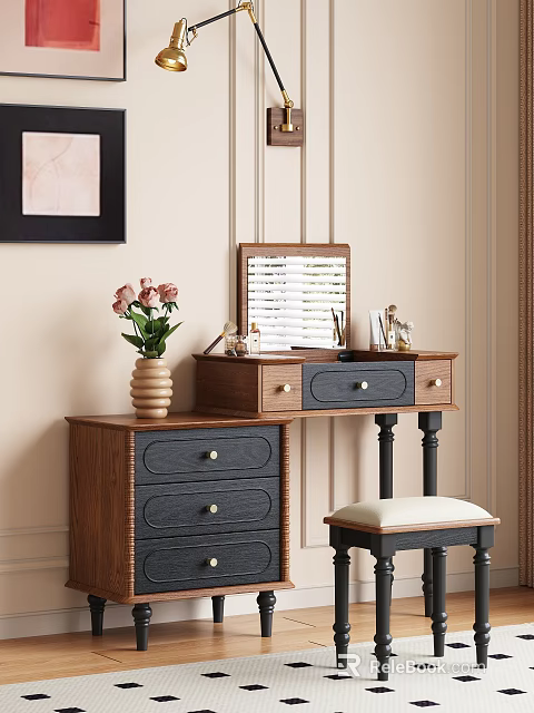 Wooden Dressing Table With Shutter Mirror Dark Drawers And Pink Flower Vase 3d model 