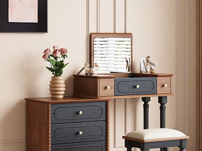 Wooden Dressing Table With Shutter Mirror Dark Drawers And Pink Flower Vase 3d model