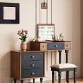 Wooden Dressing Table With Shutter Mirror Dark Drawers And Pink Flower Vase