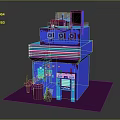 Cartoon Style Blue And Purple Multi Level Building Scene With Windows Signage And Platform