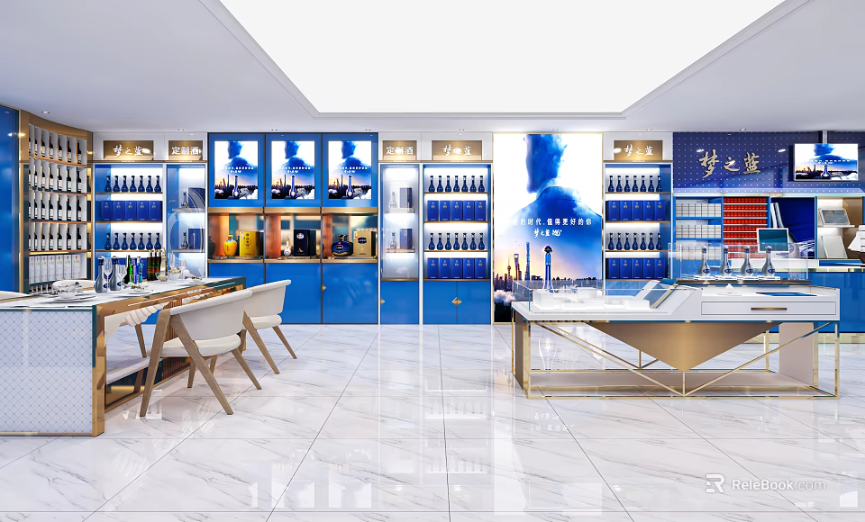 Elegant Tobacco and Liquor Store Interior Design with Blue Shelves Display Cabinets and Marble Flooring 3d model 