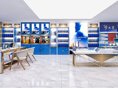 Elegant Tobacco and Liquor Store Interior Design with Blue Shelves Display Cabinets and Marble Flooring 3d model