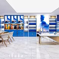 Elegant Tobacco and Liquor Store Interior Design with Blue Shelves Display Cabinets and Marble Flooring