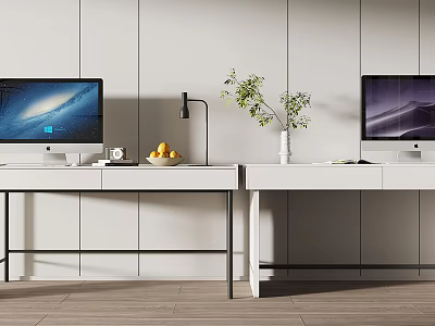 Two Modern Desks With Computer Monitors Desk Lamp Fruit Bowl Vase And Greenery 3d model