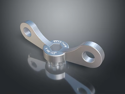 Shiny Metal Mechanical Component With Two Circular Holes And Engraved Text On Dark Surface 3d model