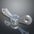 Shiny Metal Mechanical Component With Two Circular Holes And Engraved Text On Dark Surface 3d model